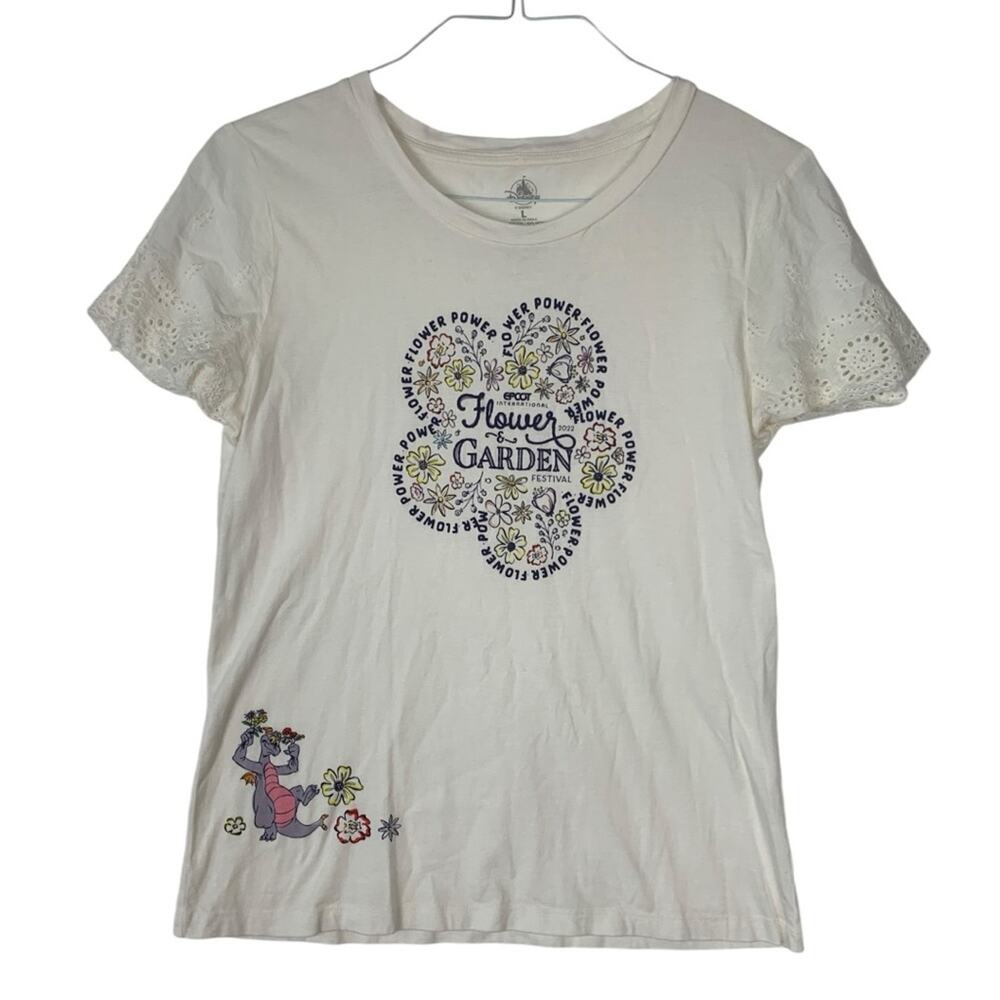 Disney Parks womens large epcot flower festival figment short sleeve shirt white